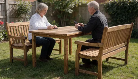Table et bancs en bois placés dans un jardin ensoleillé, offrant un espace de détente extérieur agréable et naturel pour les utilisateurs.