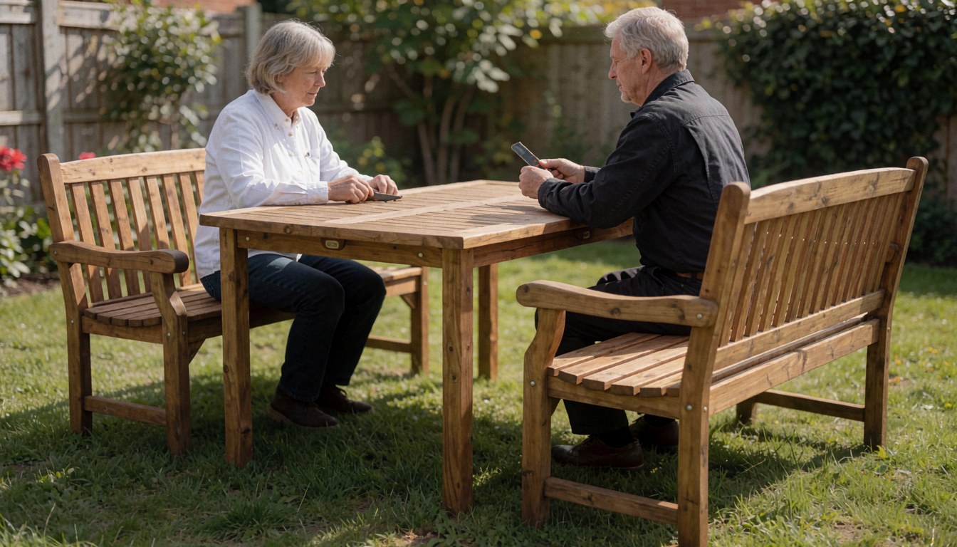 Table et bancs en bois placés dans un jardin ensoleillé, offrant un espace de détente extérieur agréable et naturel pour les utilisateurs.