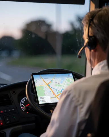 Conducteur de bus équipé d'un casque vérifiant une carte sur une tablette, volant et tableau de bord modernes, éclairage chaleureux à l'intérieur du véhicule.