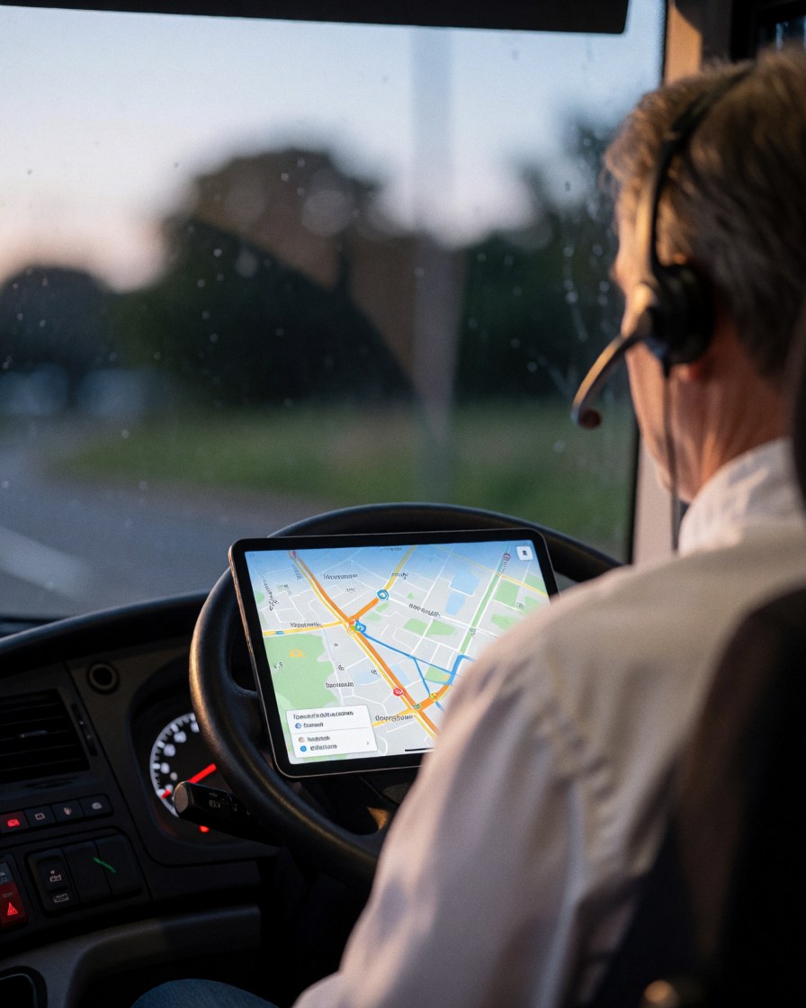 Conducteur de bus équipé d'un casque vérifiant une carte sur une tablette, volant et tableau de bord modernes, éclairage chaleureux à l'intérieur du véhicule.