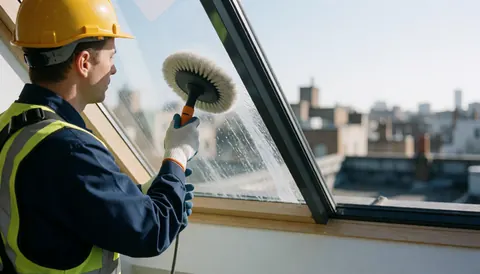Un professionnel casqué et gilet de sécurité nettoie une vitre avec une brosse, le ciel urbain en arrière-plan.