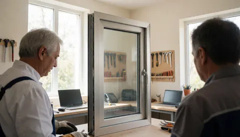 Deux ouvriers inspectent une fenêtre en aluminium fixée dans un atelier bien éclairé, organisé, avec des outils suspendus au mur.