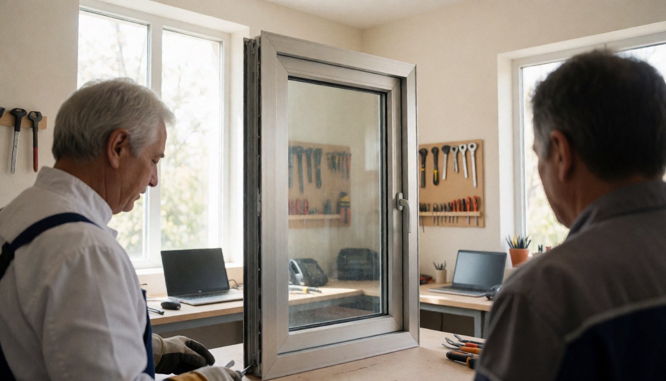 Deux ouvriers inspectent une fenêtre en aluminium fixée dans un atelier bien éclairé, organisé, avec des outils suspendus au mur.