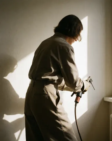 Vue de dos d'une personne utilisant un outil de perçage sur un mur, éclairage dramatique et vêtements de travail visibles.