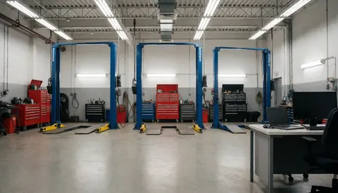 Atelier de réparation automobile équipé de trois élévateurs bleus, de caisses à outils rouges et d'un sol en béton poli, offrant un fond neutre adapté à l'ajout de texte.