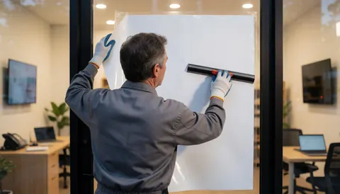 Un technicien pose un film adhésif blanc sur une fenêtre avec une raclette, illustrant un service de signalisation dans un environnement moderne et lumineux.
