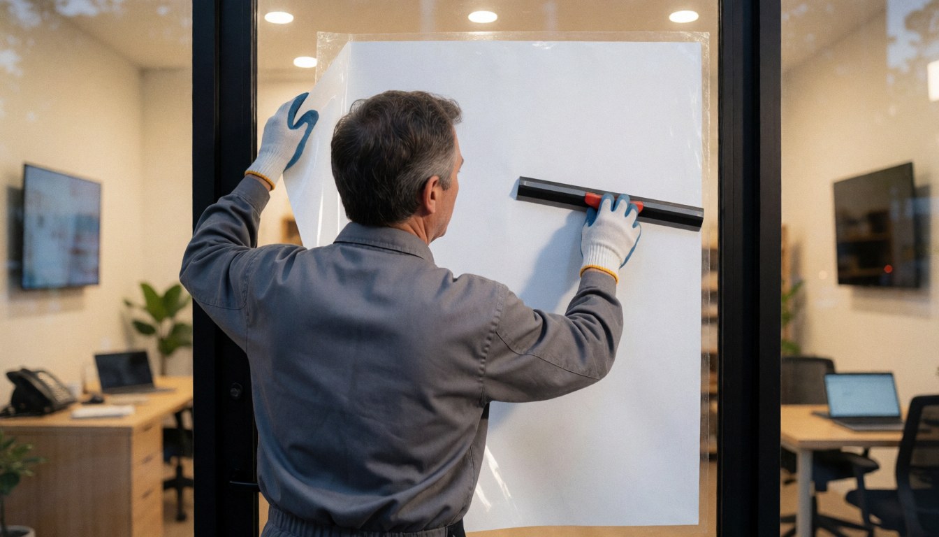 Un technicien pose un film adhésif blanc sur une fenêtre avec une raclette, illustrant un service de signalisation dans un environnement moderne et lumineux.
