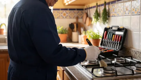 Un technicien en gants blancs utilise une brosse spécialisée pour nettoyer un brûleur en acier inoxydable dans une cuisine aux carreaux colorés, avec un kit d'outils ouvert à proximité.