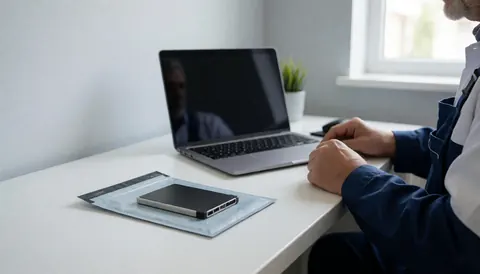 Un technicien en réparation informatique tient un disque SSD dans un sac antistatique sur une table propre, avec un ordinateur portable ouvert et des murs gris clair en arrière-plan.