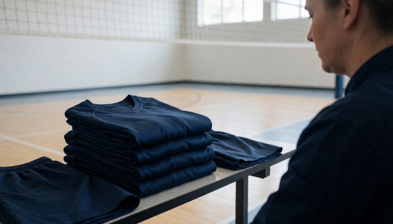 Des maillots de volleyball rangés sur une table dans un gymnase intérieur, une silhouette observe, scène ordonnée pour un entraîneur