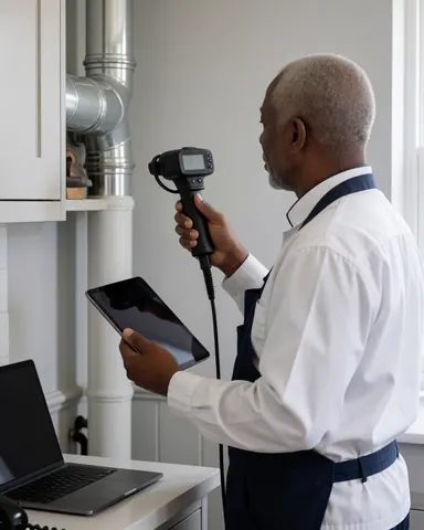 Un technicien en uniforme inspecte des tuyaux à l'aide d'une caméra et d'une tablette dans un atelier bien éclairé aux murs gris clair.