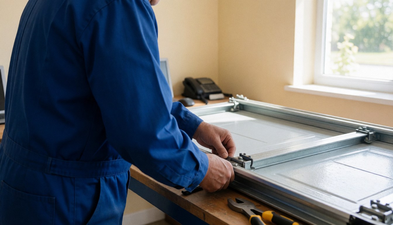Un technicien en uniforme bleu ajuste un rail métallique de porte de garage dans un atelier éclairé par la lumière naturelle.