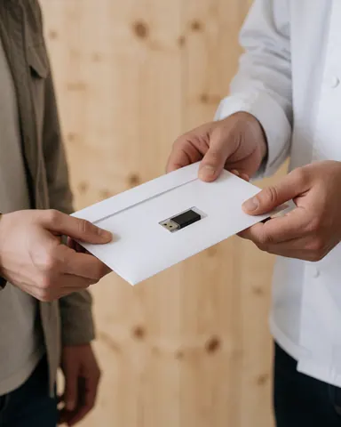 Des mains reçoivent une clé USB dans un emballage blanc sur un fond de mur en bois clair, illustrant une remise professionnelle.