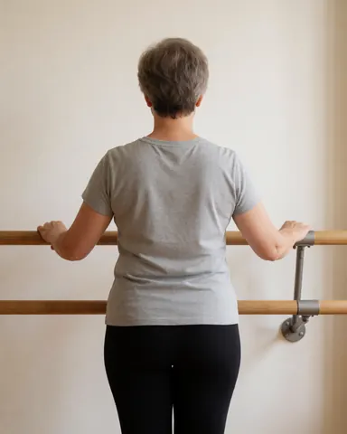 Une femme adulte de dos pratique le ballet à une barre en bois dans un studio aux murs blancs, adoptant une posture technique.