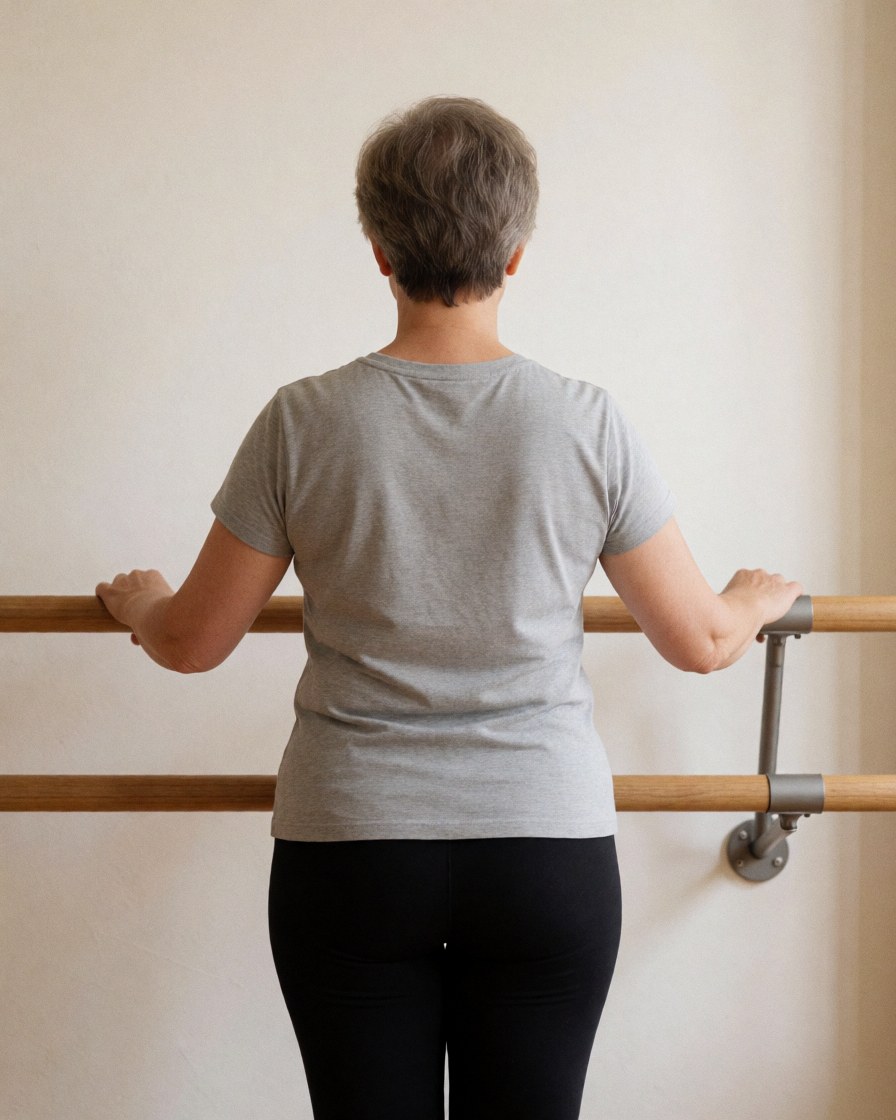 Une femme adulte de dos pratique le ballet à une barre en bois dans un studio aux murs blancs, adoptant une posture technique.