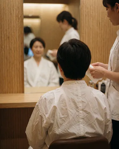 Cliente assise face à un miroir, regardant son visage propre. Un professionnel avec une serviette stérile prépare sa peau dans un salon aux murs clairs et à la lumière chaleureuse.