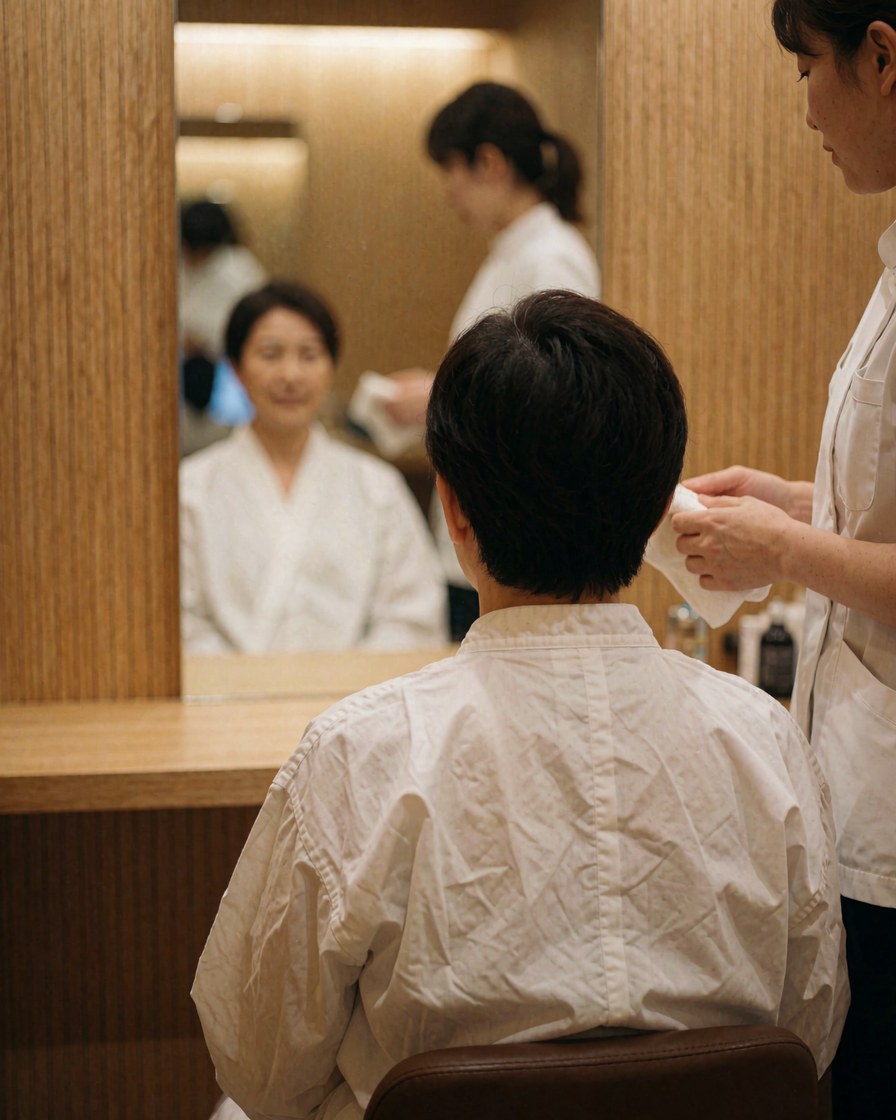 Cliente assise face à un miroir, regardant son visage propre. Un professionnel avec une serviette stérile prépare sa peau dans un salon aux murs clairs et à la lumière chaleureuse.