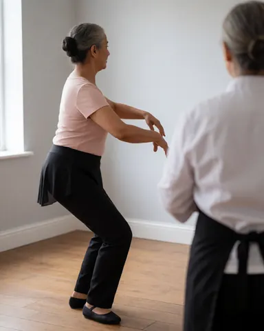 Une cliente pratique un plié de ballet sous la supervision d'une professeure de dos dans un studio aux murs gris clair.