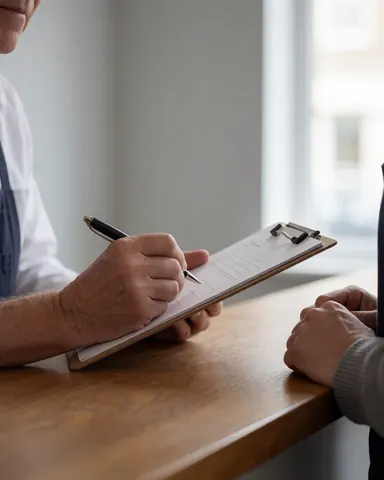 Une main écrit sur un presse-papiers au-dessus d'une table en bois, dans un intérieur aux murs gris clair, évoquant une consultation professionnelle.