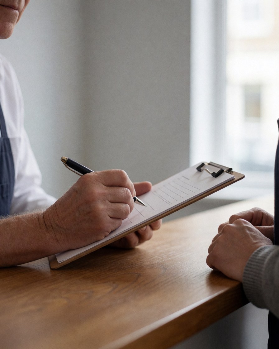 Une main écrit sur un presse-papiers au-dessus d'une table en bois, dans un intérieur aux murs gris clair, évoquant une consultation professionnelle.