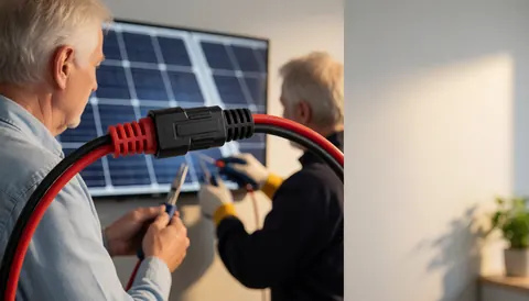 Technicien raccordant des câbles à un panneau solaire avec des outils et une lumière chaude lors d'une installation d'énergie renouvelable.