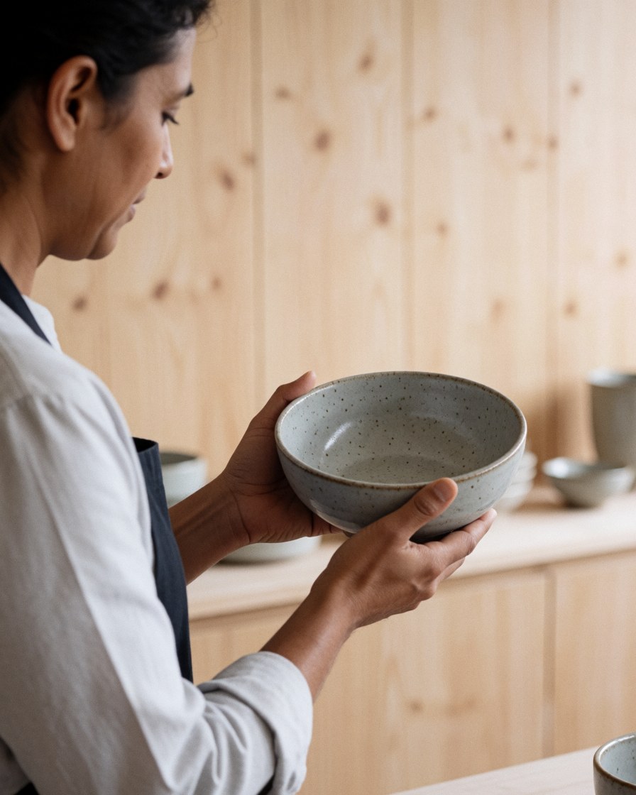 Une personne examine attentivement un bol en céramique à glaçage gris moucheté dans un atelier aux murs en bois clair.