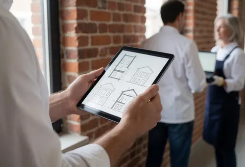 Un professionnel en bureau avec mur en briques examine des plans architecturaux sur une tablette sous éclairage naturel, scène réaliste pour logiciels et startups.