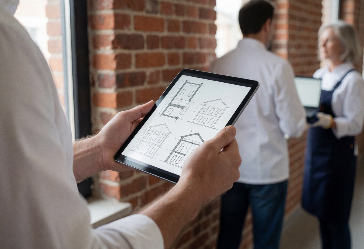 Un professionnel en bureau avec mur en briques examine des plans architecturaux sur une tablette sous éclairage naturel, scène réaliste pour logiciels et startups.