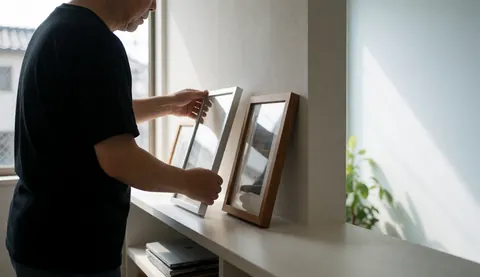Un photographe adulte arrange des cadres argentés et en bois sur une étagère blanche, baigné de lumière naturelle avec un espace vide à droite pour le texte.