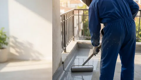 Un ouvrier utilise un rouleau pour appliquer une membrane grise d'étanchéité sur le sol en béton d'un balcon en extérieur.
