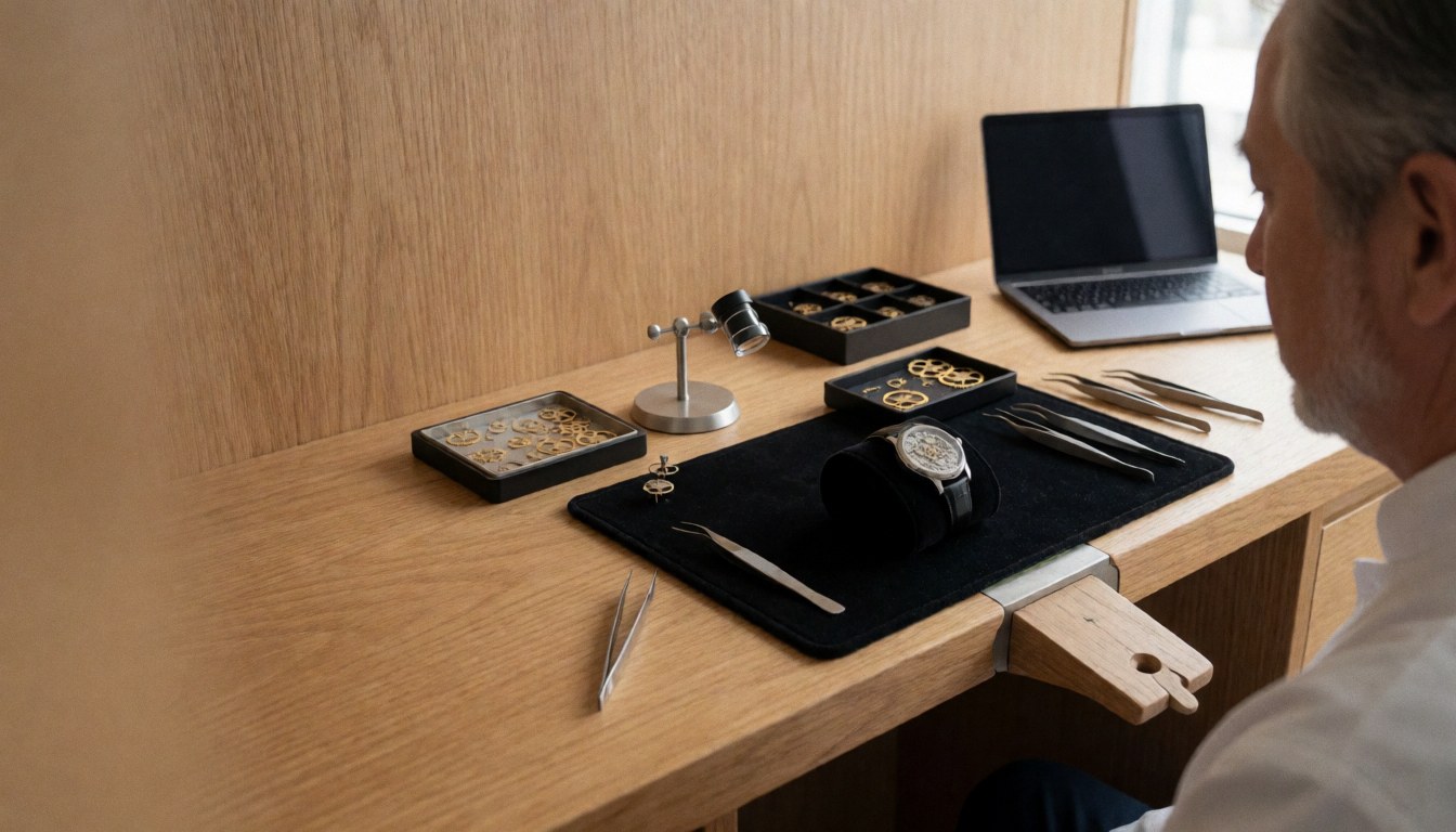 Une montre mécanique squelette posée sur un coussin noir dans un atelier de réparation, entourée d'outils et de murs en bois clair.