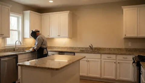Installateur de cuisine travaillant sur une cuisine équipée d'un plan de travail en granit et de placards blancs, éclairée par une lumière chaude.
