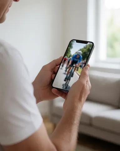 Une cliente examine une vidéo de cyclisme sur son téléphone portable dans un salon lumineux avec un canapé et des murs blancs en arrière-plan.