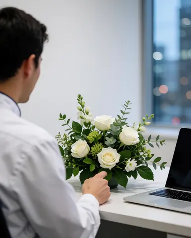 Une cliente de dos regarde un bouquet de roses blanches posé sur une table blanche dans un bureau moderne avec une vue sur la ville.