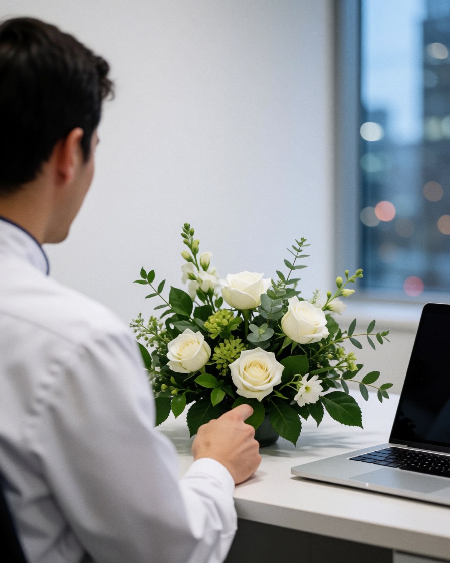 Une cliente de dos regarde un bouquet de roses blanches posé sur une table blanche dans un bureau moderne avec une vue sur la ville.