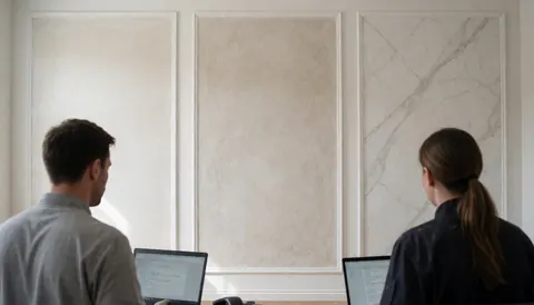 Deux experts avec ordinateurs portables observent trois échantillons de murs aux finitions lisse, texturée et marbre pour un projet de décoration intérieure moderne.