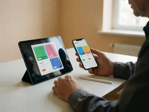 Un professionnel compare une application sur un iPhone et une tablette, utilisant un stylet sur une table blanche éclairée par la lumière naturelle, idéal pour les startups et le secteur logiciel.