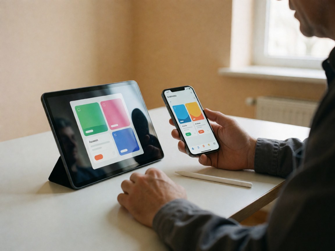 Un professionnel compare une application sur un iPhone et une tablette, utilisant un stylet sur une table blanche éclairée par la lumière naturelle, idéal pour les startups et le secteur logiciel.