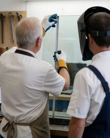 Deux artisans mesurent un panneau de verre dans un atelier, avec des outils suspendus au mur et des gants de protection.