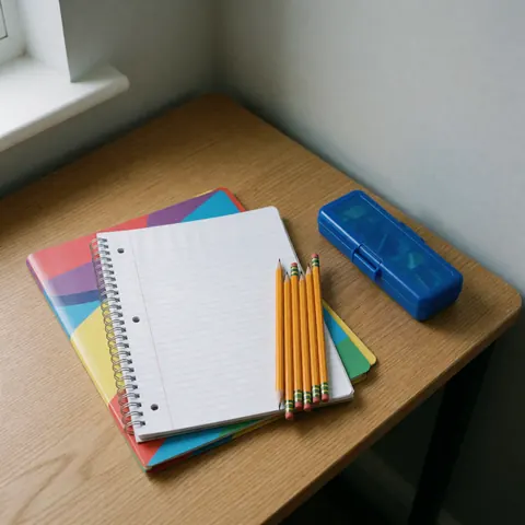Cahier à spirale posé sur une table en bois avec des crayons et une boîte bleue, fond gris clair, idéal pour la papeterie.