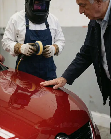 Une cliente examine le capot d'une automobile rouge brillante. Un technicien tient un chiffon de polissage. Le reflet est visible sur la carrosserie, devant des murs gris.