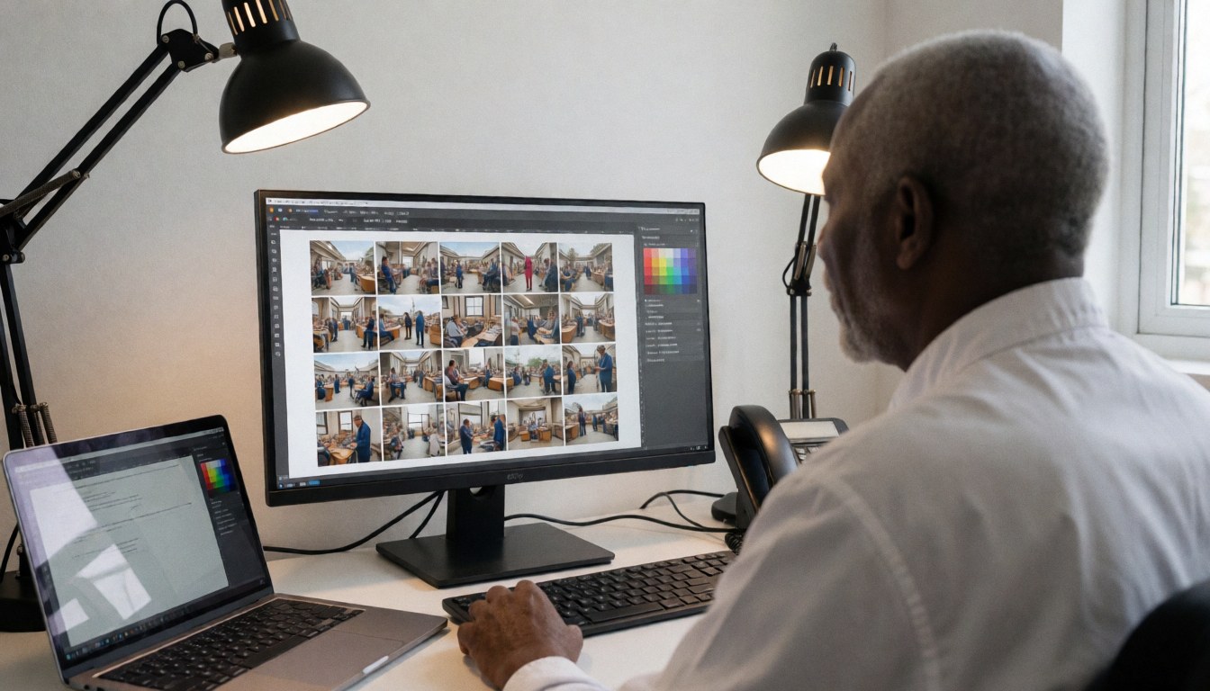 Photographe documentaire sélectionnant des photos sur un moniteur éclairé par une lampe de bureau sur fond blanc, illustrant son travail d'édition.