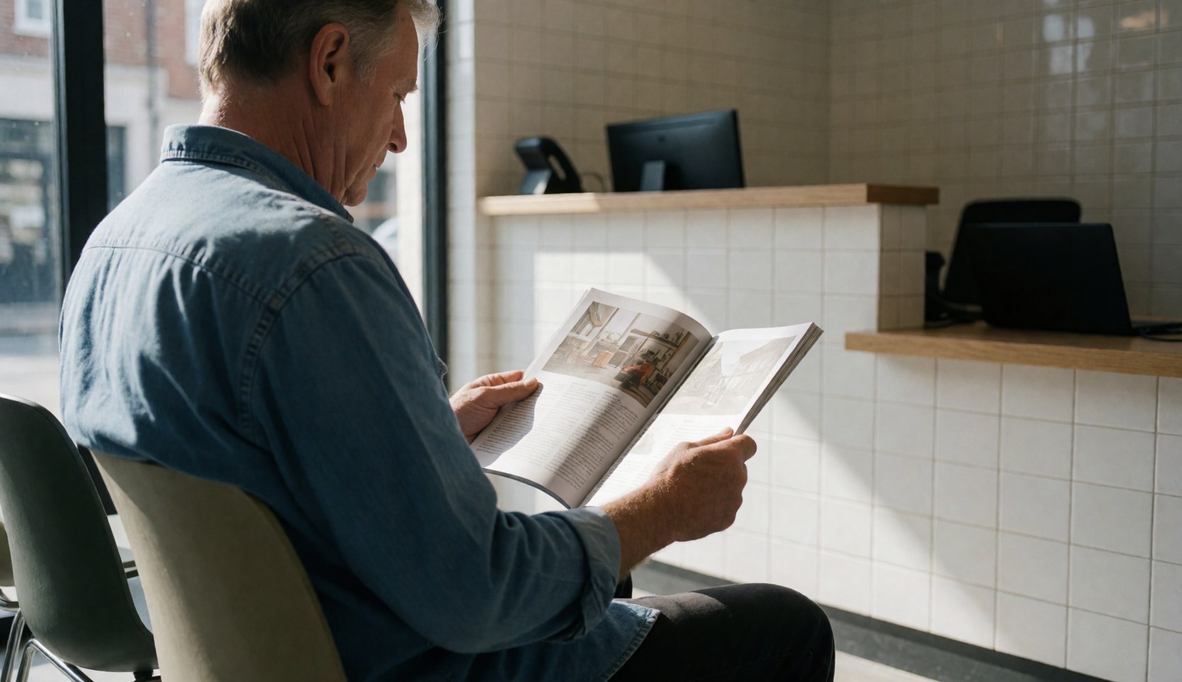 Un homme âgé lit une revue assis sur une chaise moderne dans une salle d'attente avec réception et murs carrelés blancs baignés de lumière naturelle.
