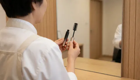 Mains d'une esthéticienne tenant un pinceau pour cils devant un miroir dans un salon aux murs en bois, visage non visible.