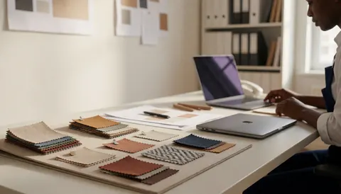 Bureau moderne avec planche d'inspiration textile, ordinateur portable et documents, idéal pour la coordination d'événements.
