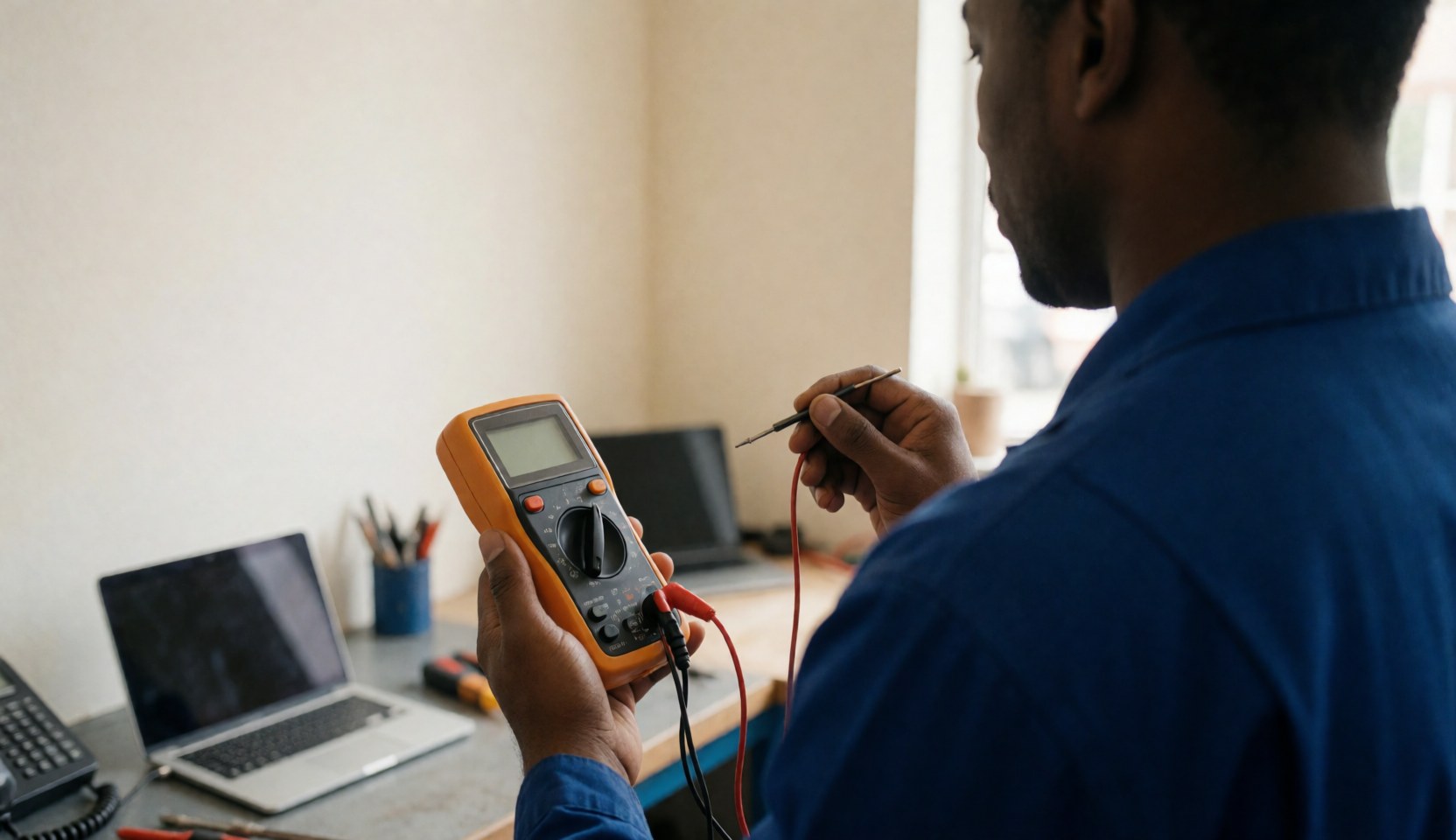 Technicien en atelier de réparation d'appareils électroménagers mesurant avec un multimètre, lumière naturelle et outils visibles.