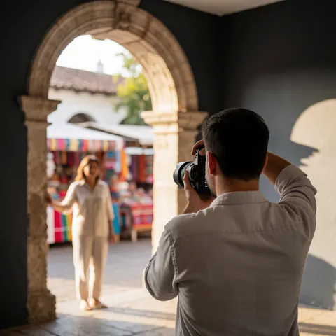 Photographe capture un portrait de client dans un arc colonial avec un textile coloré et une lumière chaude, idéal pour les services de portrait.