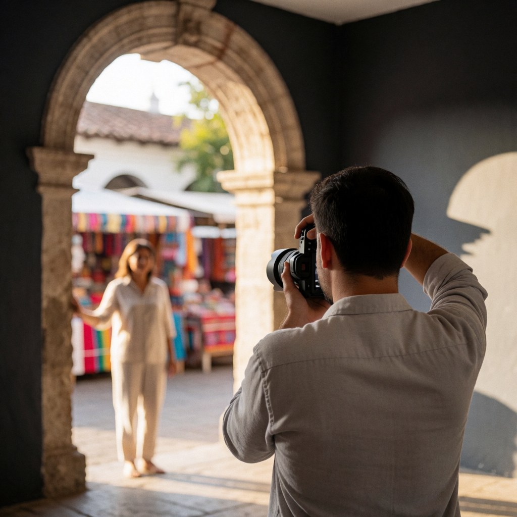 Photographe capture un portrait de client dans un arc colonial avec un textile coloré et une lumière chaude, idéal pour les services de portrait.