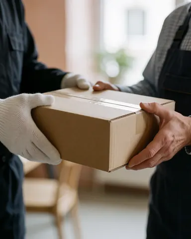 Des mains reçoivent une boîte en carton lors d'une livraison à domicile, dans un intérieur aux murs clairs en plâtre.