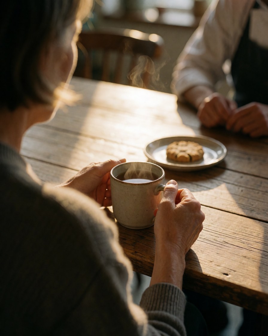 Une cliente profite d'un moment de détente en buvant du thé et en mangeant un biscuit sans gluten sur une table en bois rustique sous une lumière dorée dans un parc naturel.